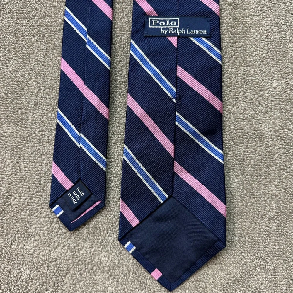 Polo Ralph Lauren Silk Tie Navy Blue Pink Striped Handmade Italy Mens Necktie